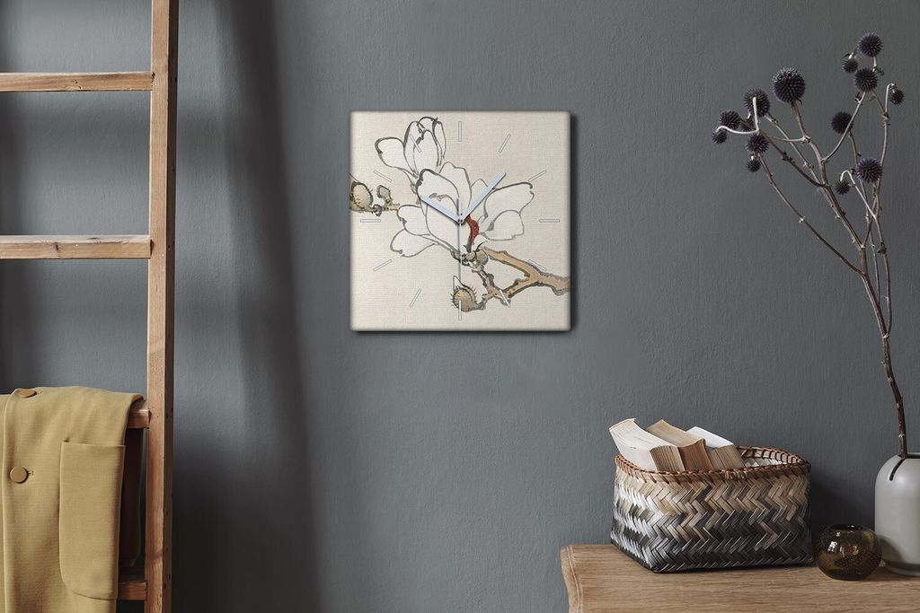 Coloray Hodiny Unikátní 30x30 cm Tiché hodiny Pro obývací pokoj a kuchyň Nástěnné hodiny Plátno Bílé ručičky hodin - Větev květin
