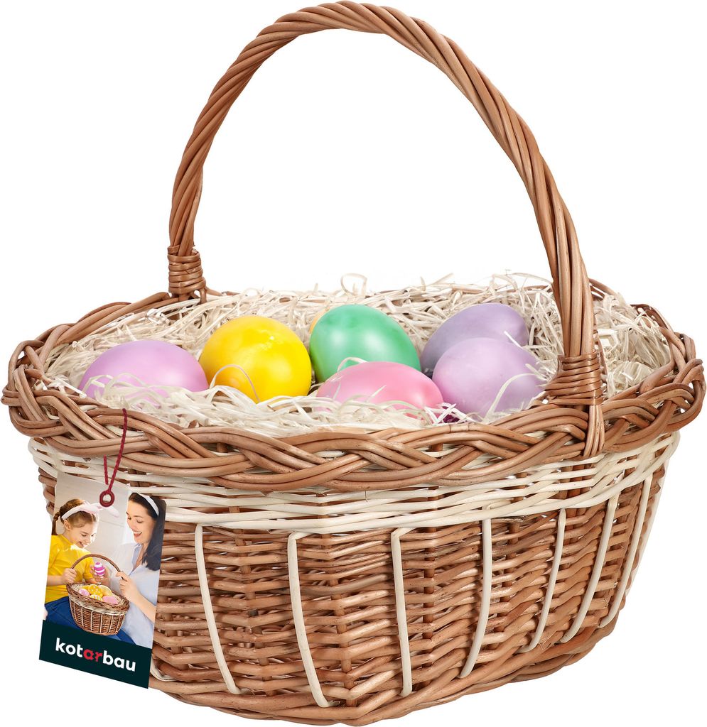 KOTARBAU Weidenkorb Osterkorb mit Henkel Rund Braun und Weiß 32x27,5x31 cm Osterkörbchen Weidenkorb mit Henkel Kinder Weidenkörbchen Pilzkörb...