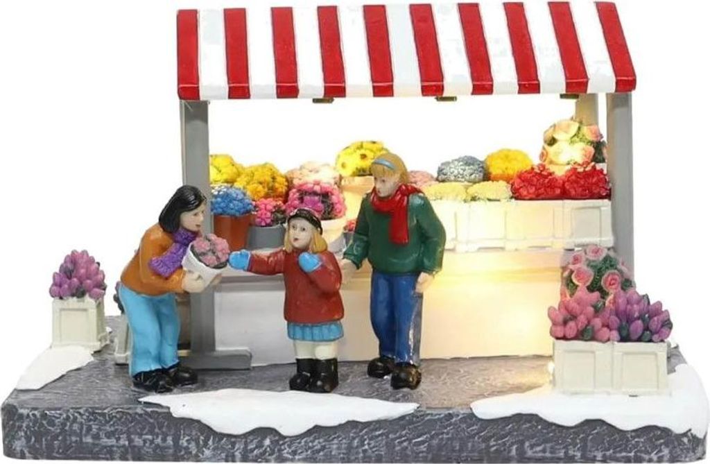 Marktstand Blumen mit Kunden mit LED Polyresin 19 cm Santaville