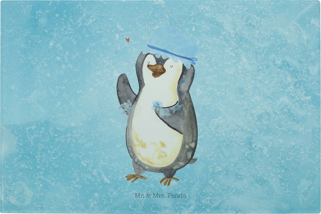 Mr. & Mrs. Panda Schneidebrett Pinguin Duschen - Eisblau - Geschenk, Glas, Dusche, Frühstücksbrett, Singen, Motivation, Hackbrett, Servierplatte,...