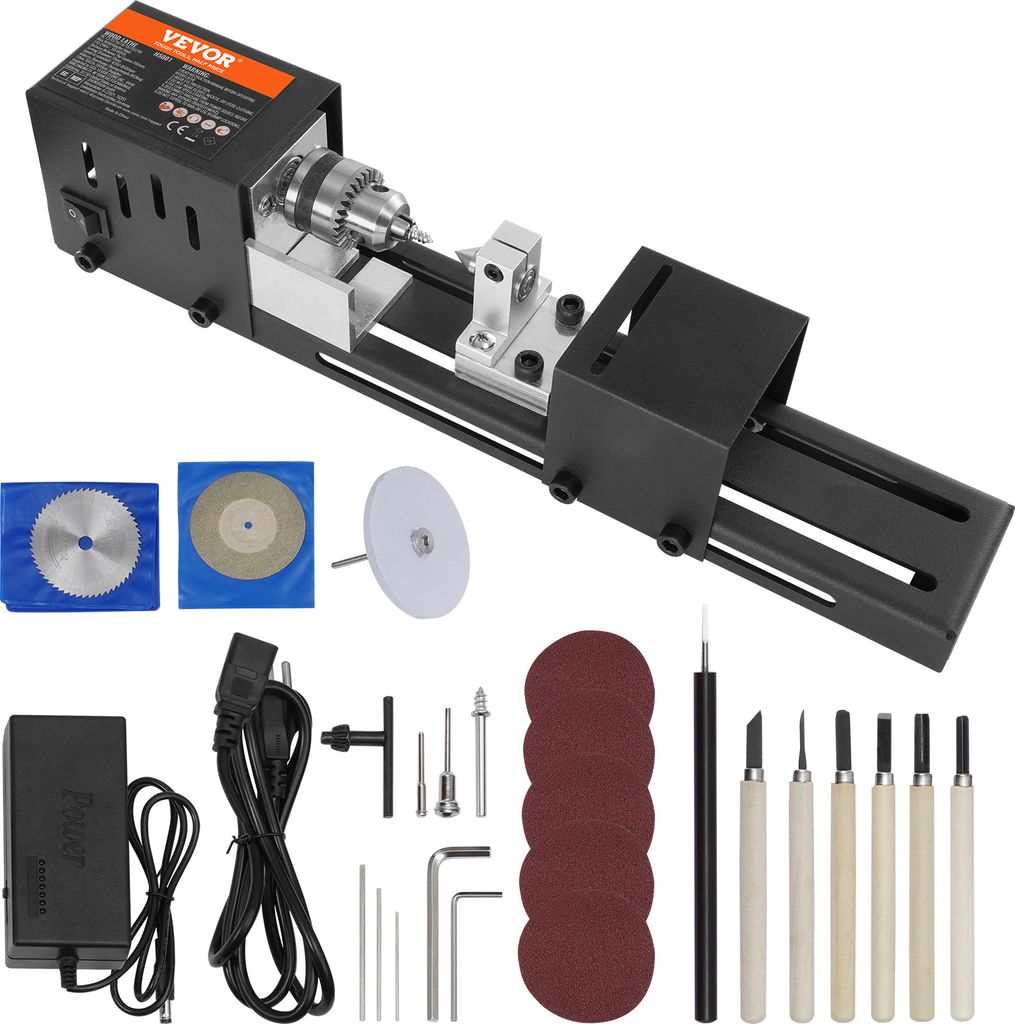 VEVOR Mini Drehbank 96W Drechselbank Max. Drehdurchmesser 70mm Drechselmaschine Spindeldrehzahl 4250–8500U/min Kopierdrechselbank mit 7-Gang-Eins...