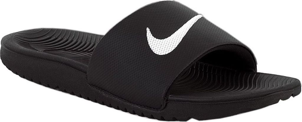 A black Nike Kawa slide sandal with a white Nike swoosh logo.