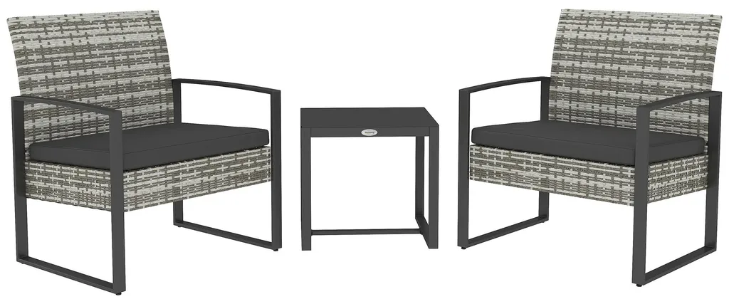 Mobilier de balcon en résine tressée avec table basse et coussins gris