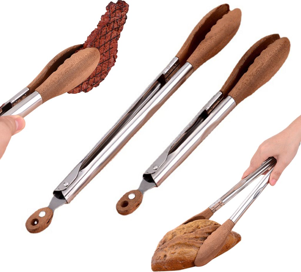 Küchenzange aus Edelstahl und Holz, rutschfest, ergonomischer Griff, Servierzange für Grillabende, Buffets und Partys