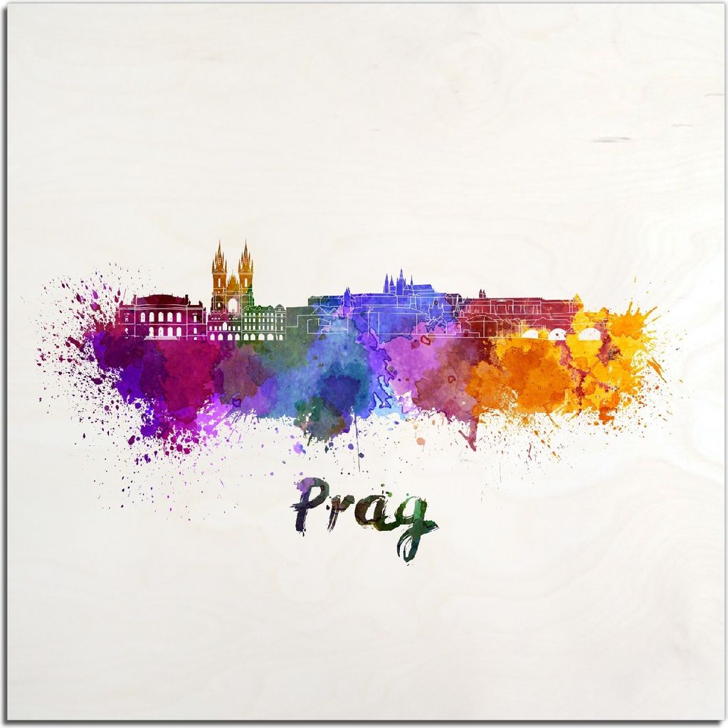 Kunstdrucke Wandbilder Holz in : Brillante Farben, Größe 50 x 50 cm Motiv Städte als Aquarell - Skyline von Prag