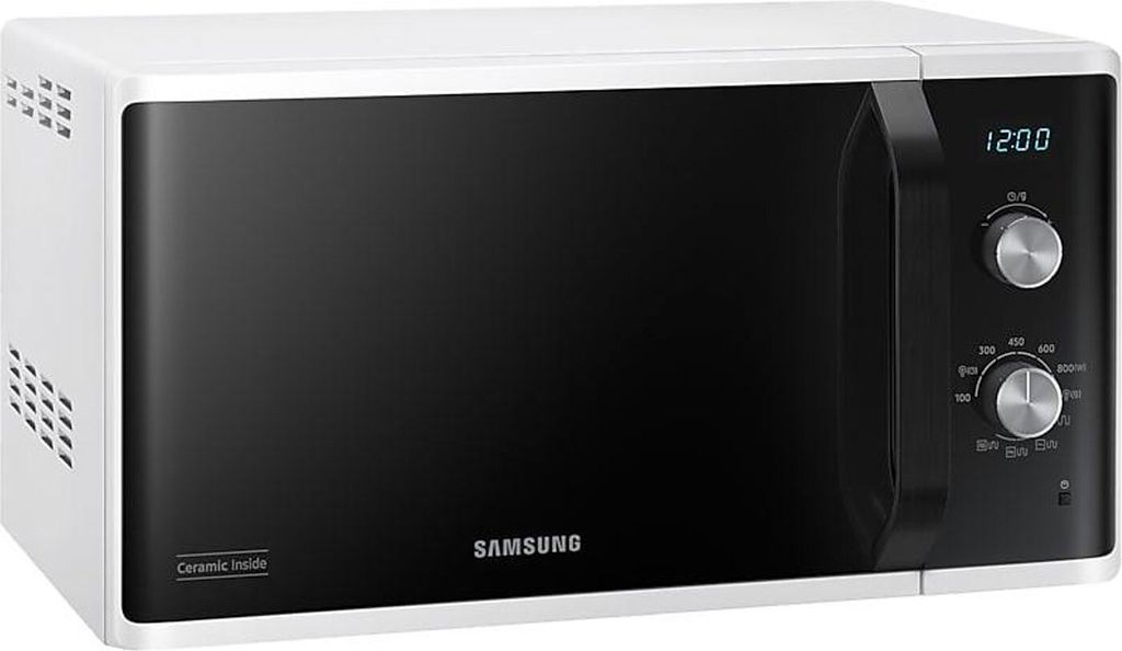 A white Samsung microwave oven is shown against a white background.