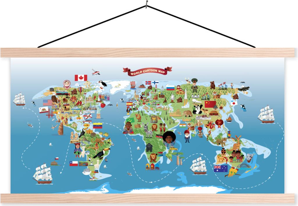 MuchoWow Textilposter Eine Karikatur einer Weltkarte 60x30 cm mit holzfarbenen Rahmen - Dekoration