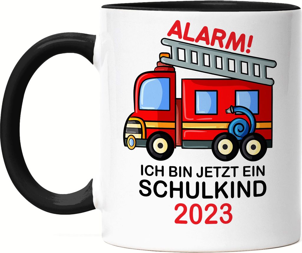 Alarm Ich Bin Jetzt Ein Schulkind 2023 Tasse Schwarz Rotes Feuerwehr-Auto Einschulungsgeschenk Idee