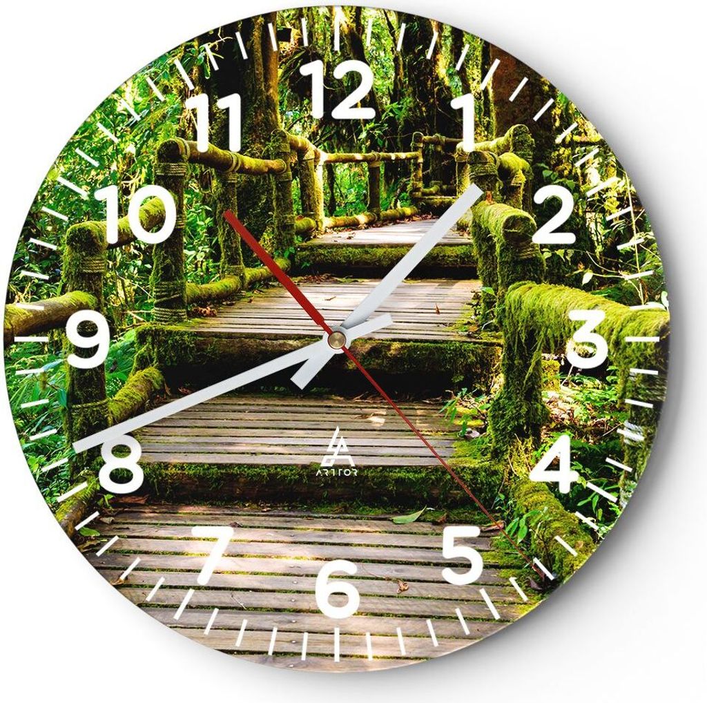 Wanduhr - Rund - Glasuhr - Asien natur park brücke - 30x30cm - Schleichendes Uhrwerk - Lautlos - zum Aufhängen bereit - Dekoration Modern - Wandd...