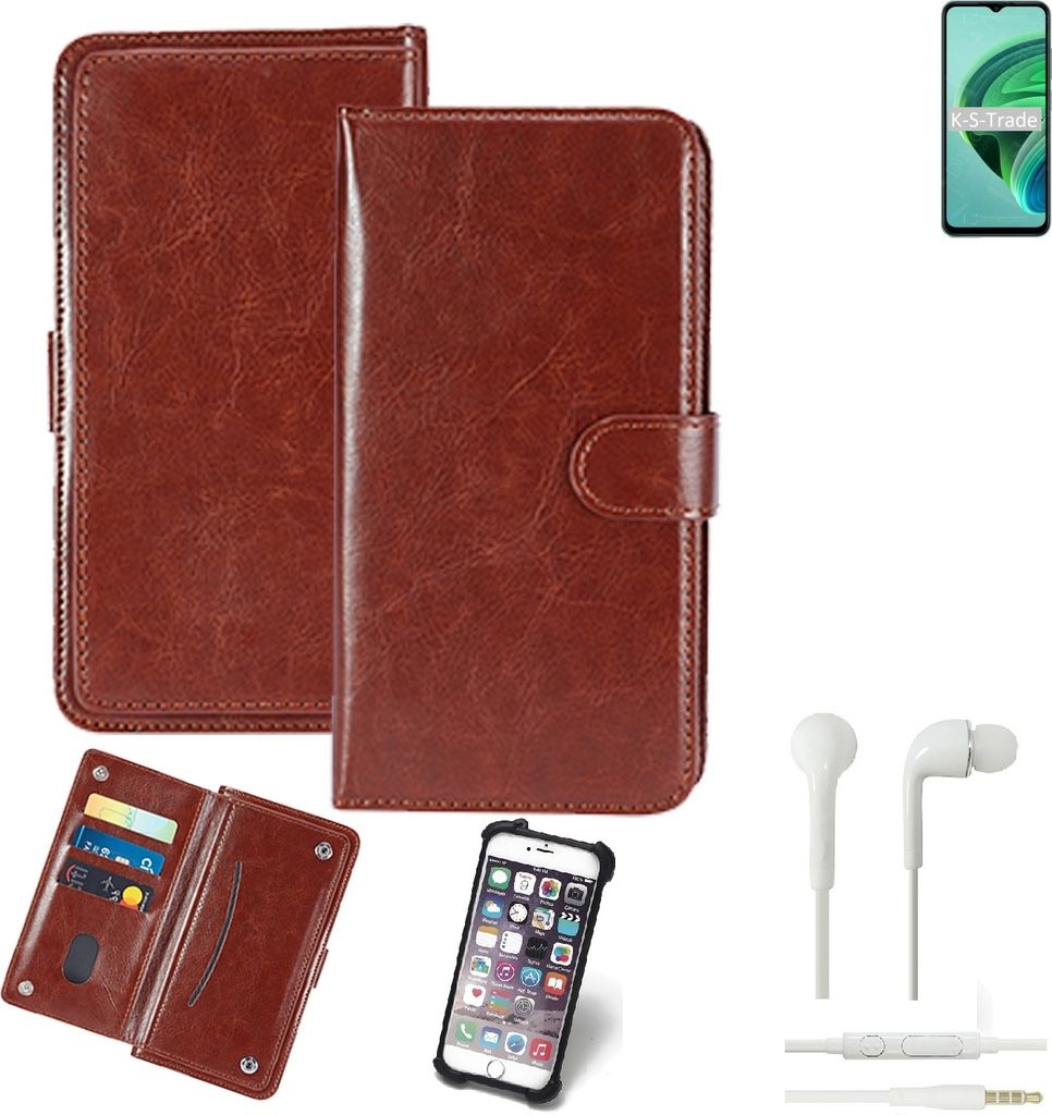 K-S-Trade 360° Hülle kompatibel mit Xiaomi Redmi 10 5G inkl. Headphones braun Kunstleder Case BookCase WalletCase Kunstlederederhülle Handyhülle,