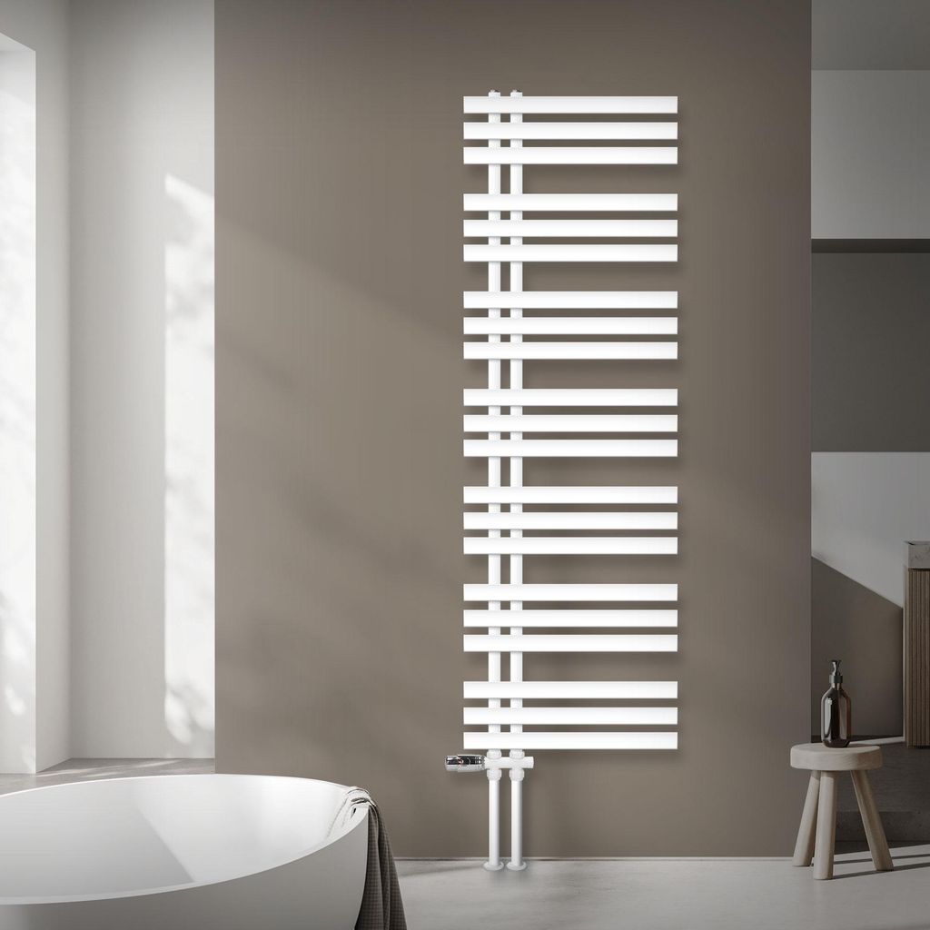 LuxeBath Design Badheizkörper, 500x1600 mm, Weiß, Anschlussgarnitur Thermostat Durchgang Boden, ohne Heizstab