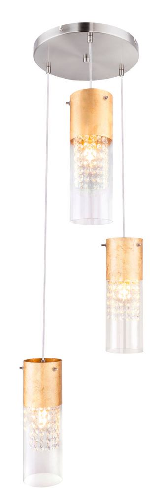 Globo Lighting Hängeleuchte Metall Nickel matt, blattgold, Glas klar, Glaskristalle klar, ø: 300mm, H: 1200mm, exkl. 3x E27 60W 230V