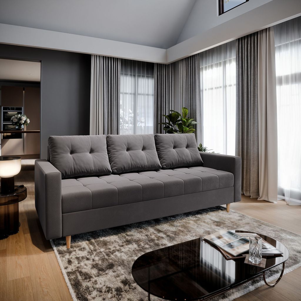Sofa MILO Grau Plüsch-Stoff mit Schlaffunktion, Sofa mit Bettkasten, Sofa mit Bettkasten, Wohnzimmersofa, Couch, Soffa, Bettsofa, Couchgarnitur- G...