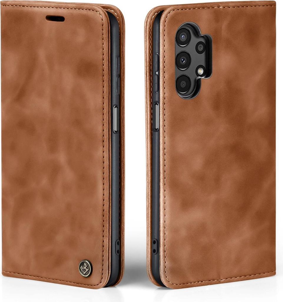 A brown leather flip case for a smartphone is shown from two angles.