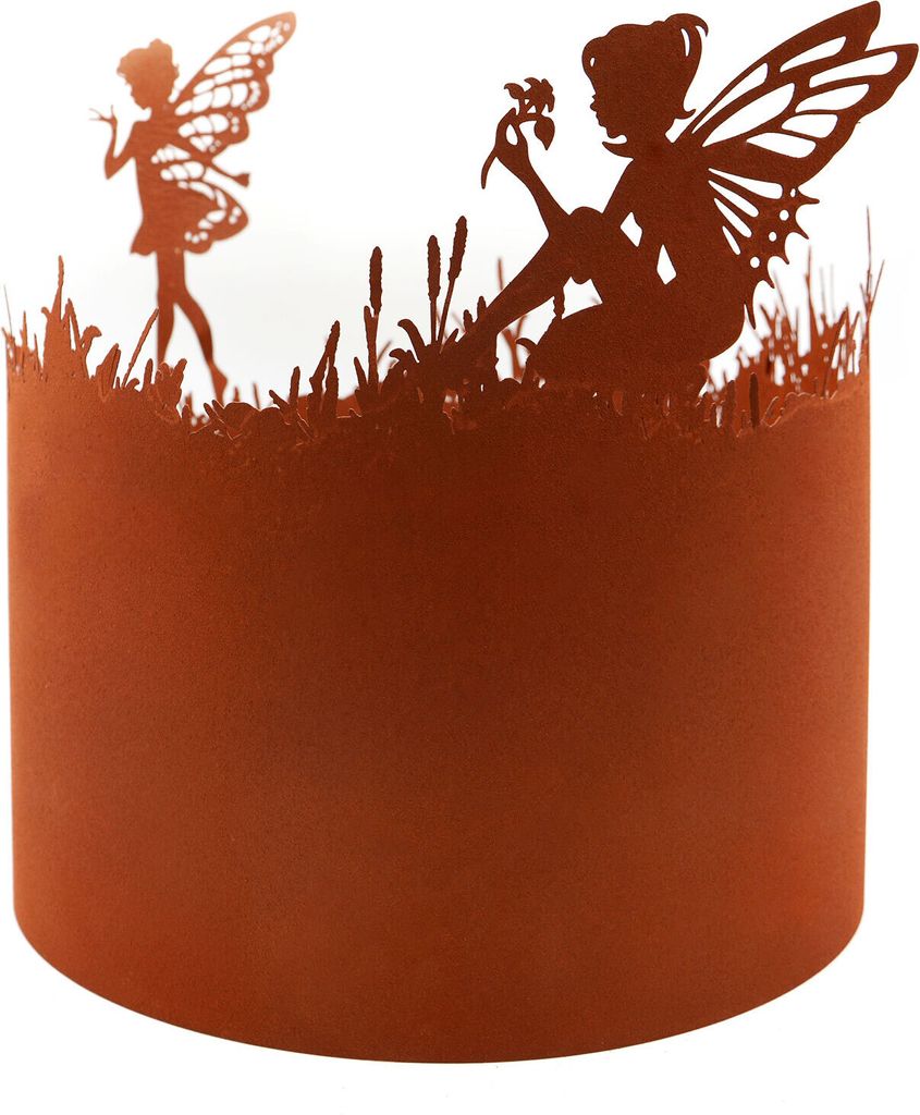 A silhouette of two fairies and grass on a cylindrical object.