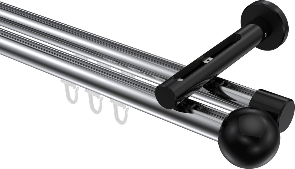 Interdeco Innenlaufstange / Gardinenstange mit Innenlauf Chrom / Schwarz, Typ Siteno Luino (Kugel), 20 mm Ø 2-läufig, 180 cm