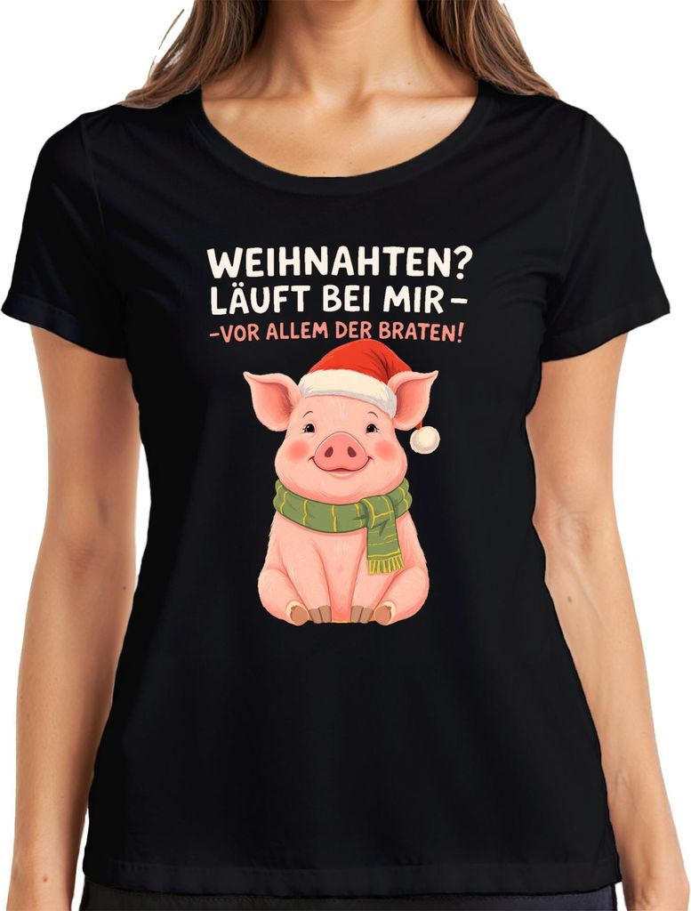 Weihnachten Schwein Ferkel Braten niedlich lustig Geschenk Santa Damen T-Shirt, Schwarz, M
