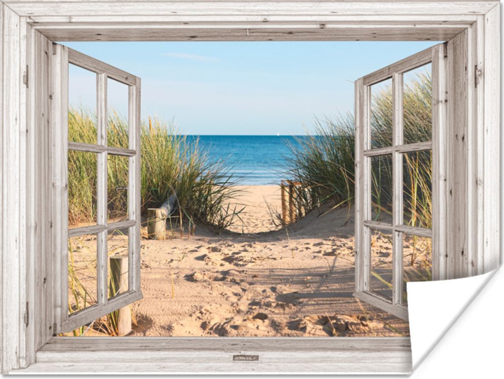 MuchoWow Poster Durchblick - Strand - Meer - Dünen - Sand - Wasser - Hochgras 120x90 cm - Wandbild