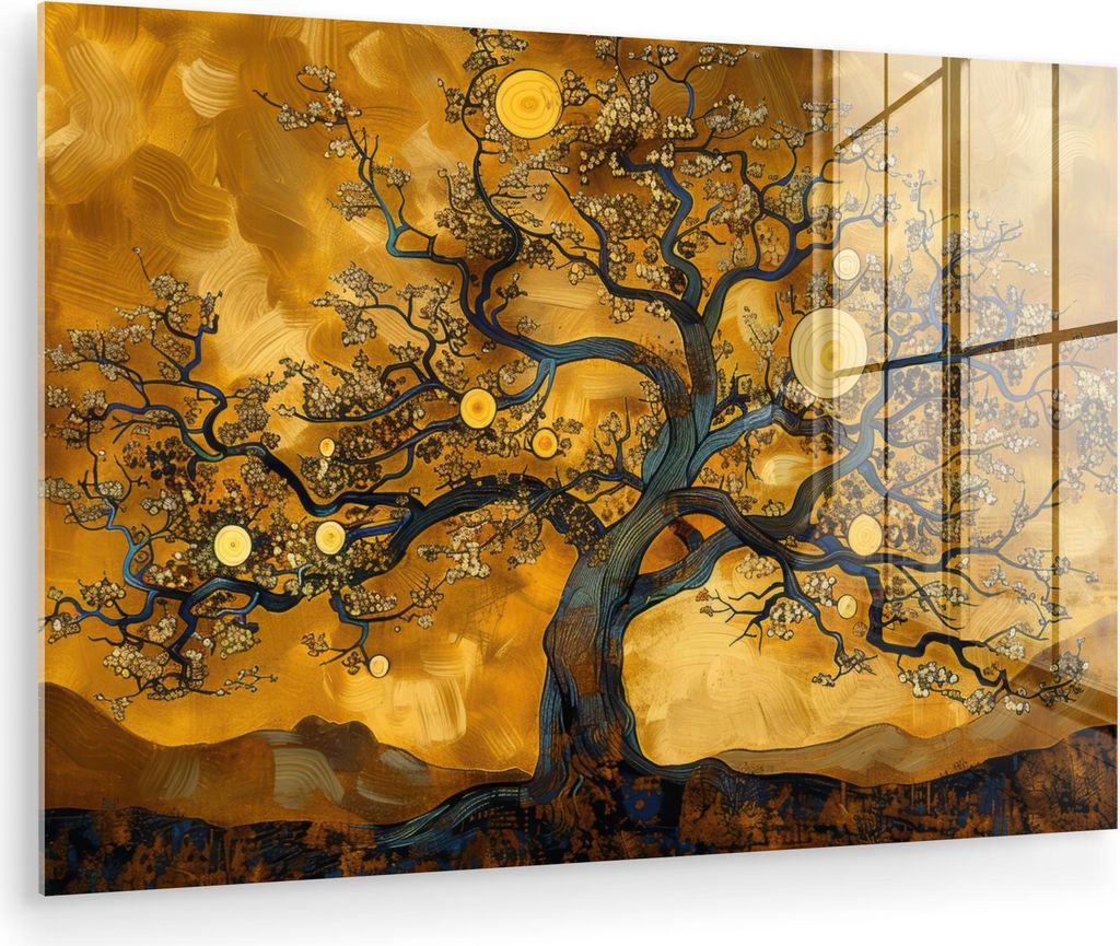MuchoWow Glasbilder - Bilder auf Wandbild - Foto auf Glas Baum - Baum des Lebens - Abstrakt - Gold 30x20 cm Wanddekoration aus Glas - Acrylglasbild...