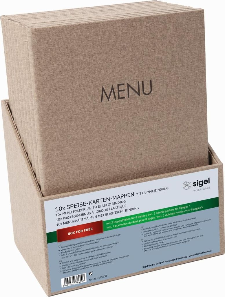 Speisekarten-Mappe Gummi-Bindung A4 Prägung MENU beige mit Box 10 Stück Packung mit 2 Stück