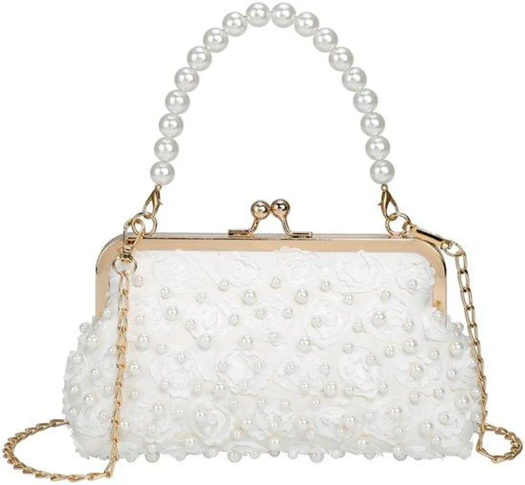 Pochette de soirée pour mariage chic avec détails perles et ruban
