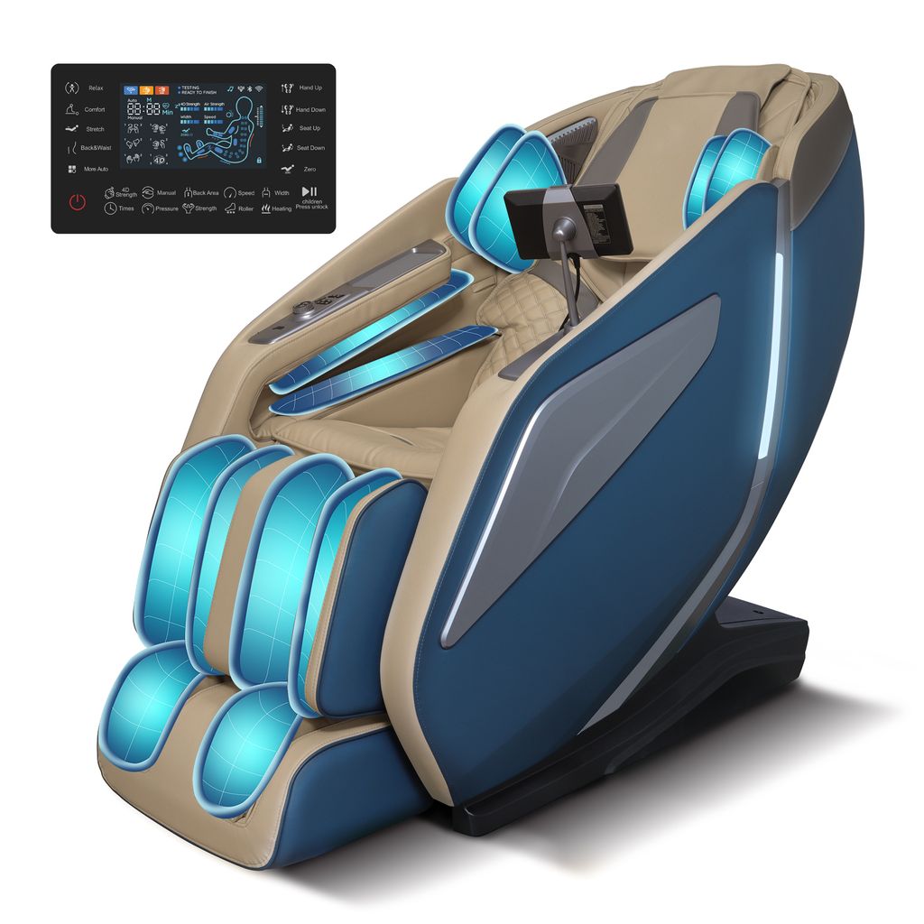 HealthRelife 4D-Massagestuhl mit Luftkissen, Zero Gravity, Shiatsu-Fußmassage, APP-Steuere, Blau