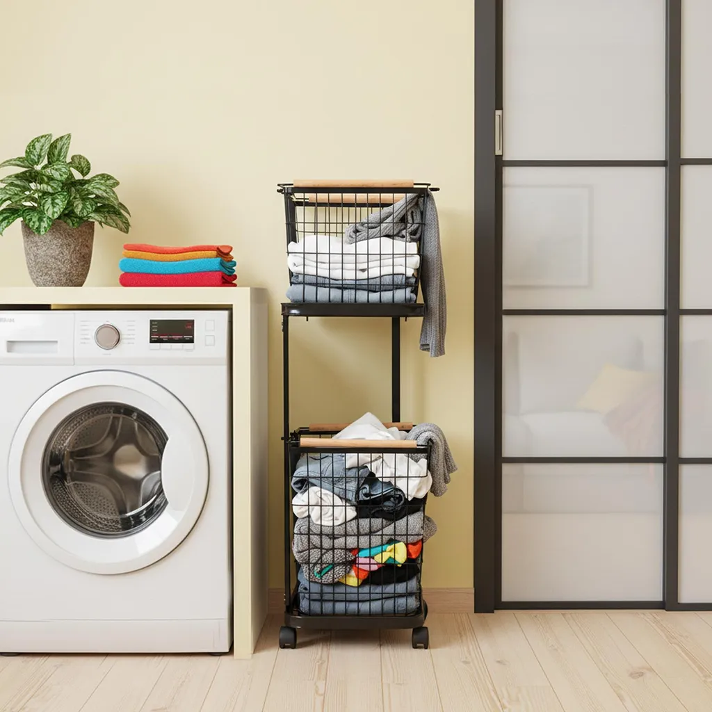 Meuble de rangement pour linge à deux étages, servante utilitaire noire - 4