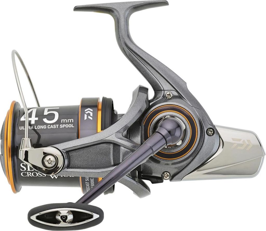 A studio shot of a fishing reel against a white background.