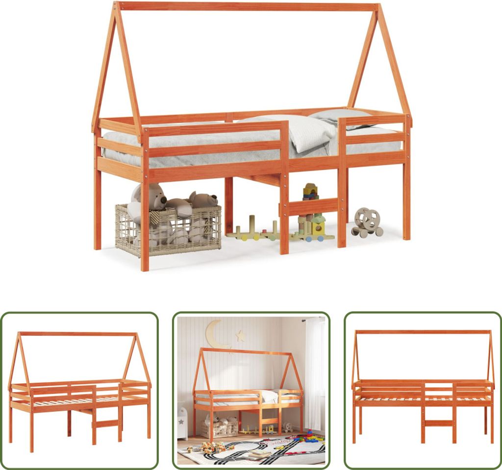 The Living Store Hochbett mit Dach Wachsbraun 80x200 cm Massivholz Kiefer