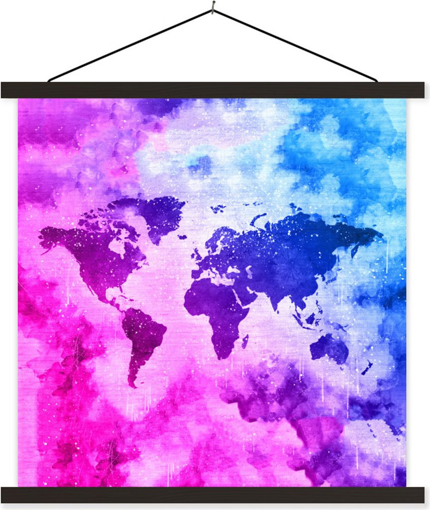 MuchoWow Textilposter Weltkarte - Rauch - Farben 90x90 cm mit schwarzem Rahmen - Magnetisches