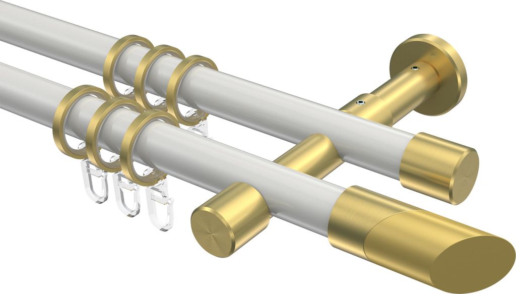 Interdeco Gardinenstange / Vorhangstange Weiß / Messing-Optik, Typ Prestige Verano (Schräge), 20 mm Ø 2-läufig, 160 cm