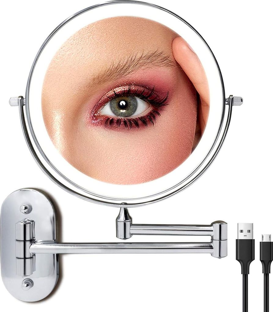 Wiederaufladbarer, beleuchteter Kosmetikspiegel zur Wandmontage, ausziehbarer, doppelseitiger Kosmetikspiegel mit 10-facher Vergrößerung, 20 cm L...