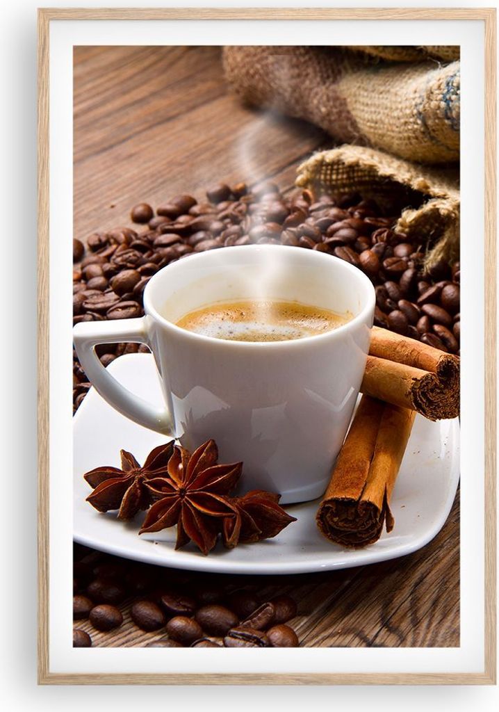 Gerahmtes Poster - Rahmen in heller Eiche - Kaffee schwarz Frühstück Schokolade - 61x91,5 cm - Wand Bild - Wanddeko - Wandbilder - Wandposter - B...