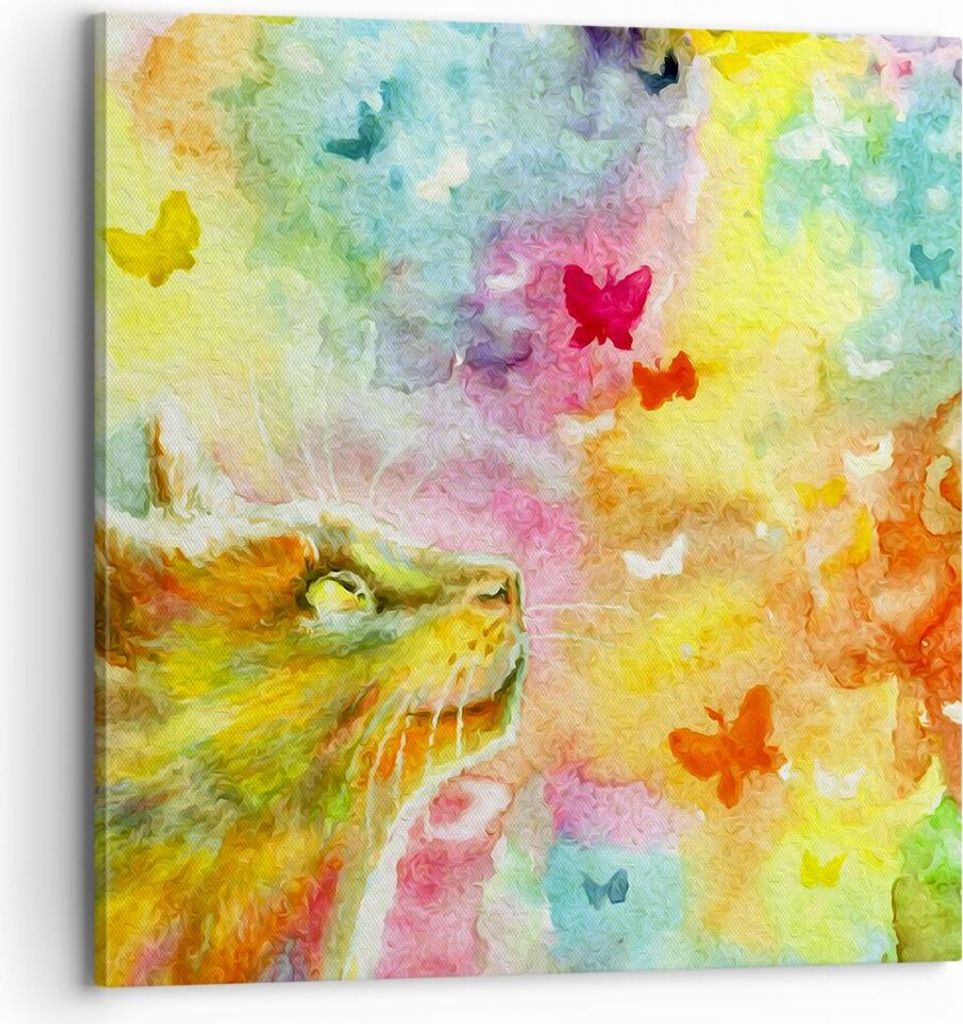 Bild auf Leinwand - Leinwandbild - Katze Schmetterling Regenbogen Magie - 70x70cm - Wand Bild - Wanddeko - Leinwanddruck - Bilder - Kunstdruck - Le...