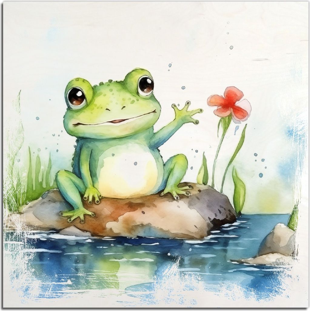 Kunstdrucke Wandbilder Holz in : Brillante Farben, Größe 50 x 50 cm Motiv Frosch in Aquarell