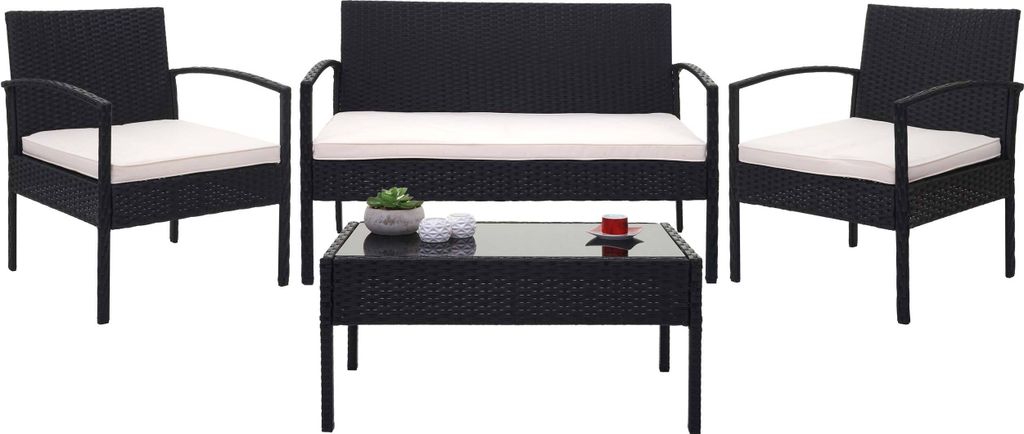 Poly-Rattan Garnitur HWC-F56, Balkon-/Garten-/Lounge-Set Sitzgruppe - schwarz, Kissen creme