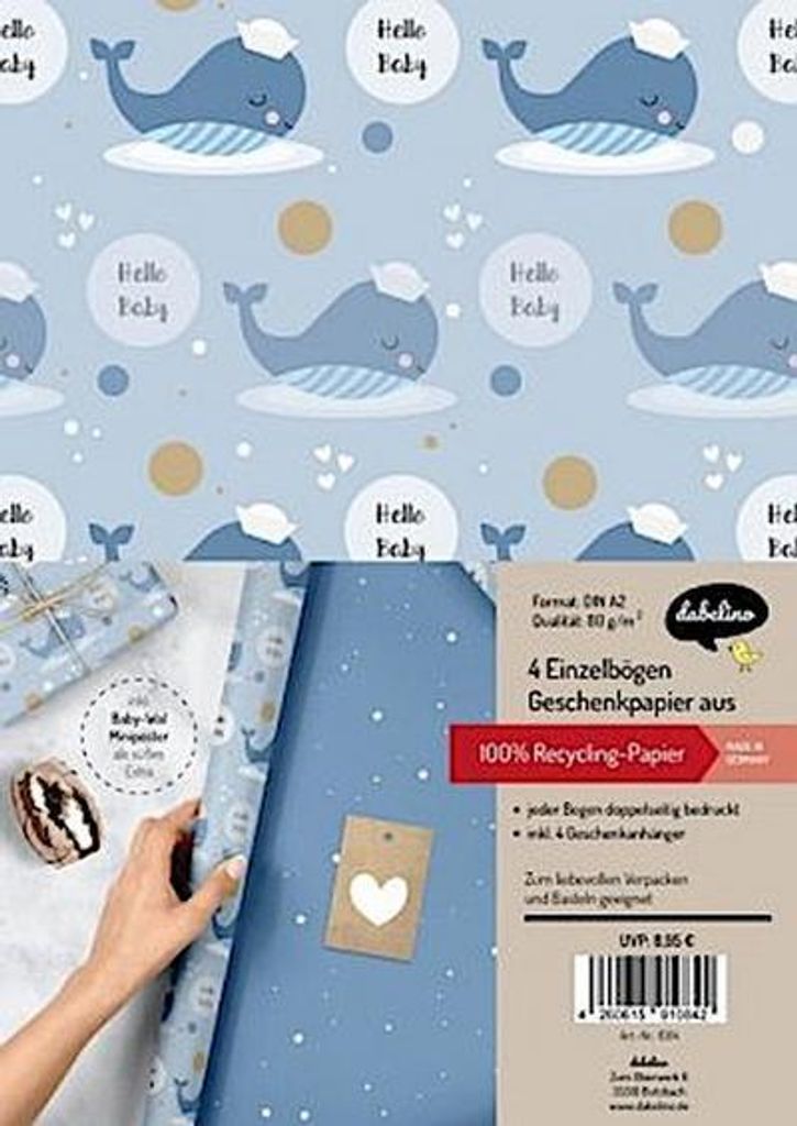Geschenkpapier-Set zur Geburt für Baby-Jungen: Motiv "Wal"