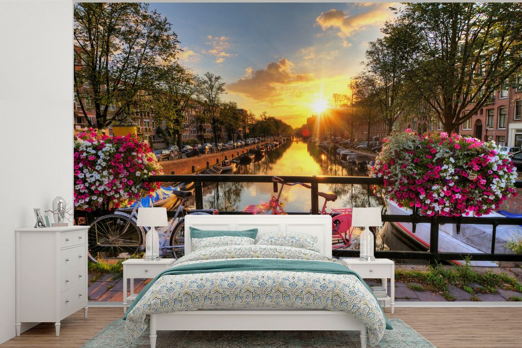 MuchoWow Fototapete für Wohnzimmer oder Schlafzimmer Wandtapete Vinyl Motivtapete Fahrrad - Amsterdam - Frühling - 390x260 cm - Papiertapete