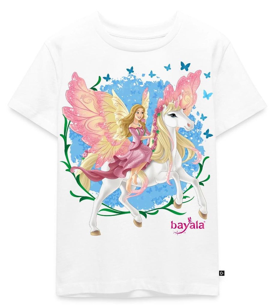 Spreadshirt Schleich Bayala Elfe Feya Reitet Pegasus-Einhorn Kinder Premium T-Shirt, 110/116 (4 Jahre), Weiß