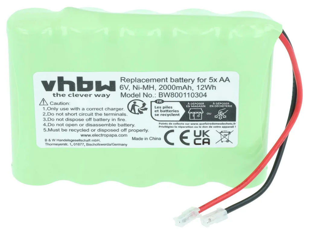 Pack 5x Piles AA 6V 2000mAh vhbw Haute Capacité NiMH pour Divers Objets - 3