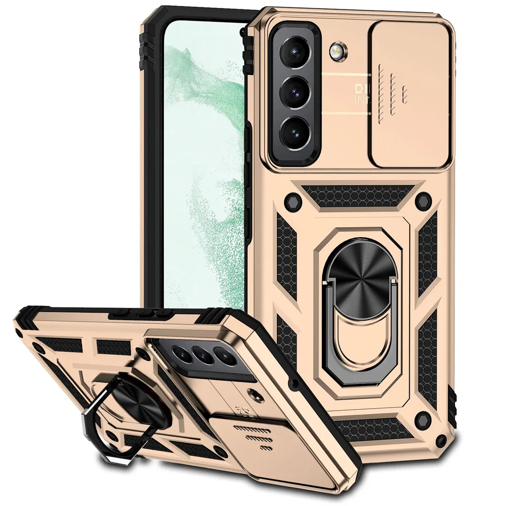 Custodia per Samsung Galaxy S22 5G a doppio strato con copertura scorrevole della fotocamera e supporto ad anello Oro