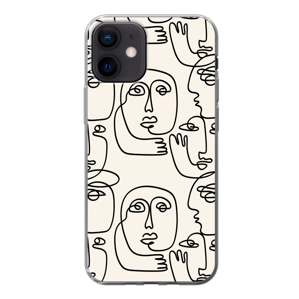 MuchoWow Handyhülle Schutzhülle Hülle für iPhone 12 Gesicht - Muster - Strichzeichnung Silikon Softcase Handy Hülle - Schutzhülle