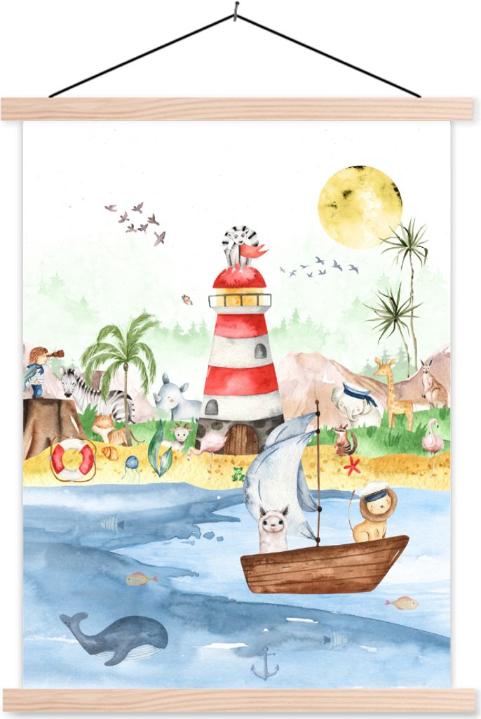 MuchoWow Textilposter Strand - Tiere - Kinder - Leuchtturm - Jungen 60x80 cm mit holzfarbenen Rahmen - Wandbild