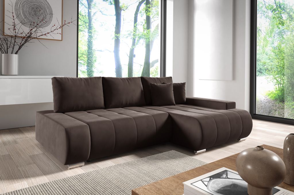 3 Sitzer Ecksofas in L-Form ANTONIO MINI VALERI L, Ottomane Rechts oder Links, Schlaffunktion & Bettkästen, Eckarniutur, Couch in Samt - Braun