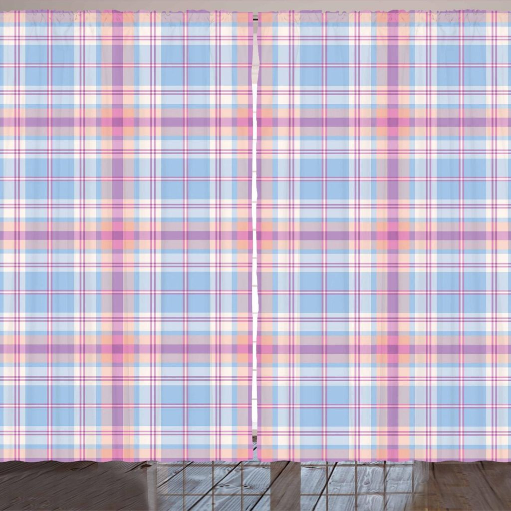 ARANDE Pastell Gardine, Old Fashioned Retro-Stil klassischen geometrischen gestreiften Plaid inspiriert, 280 x 225 cm, Hellblau Fuchsienfarben Lachs