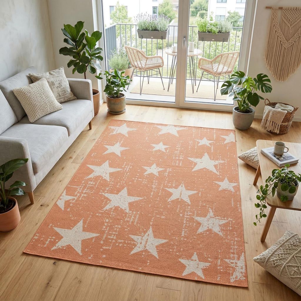 In & Outdoor Teppich Flachgewebe Marbella Orange Sterne, Größe:120x170 cm