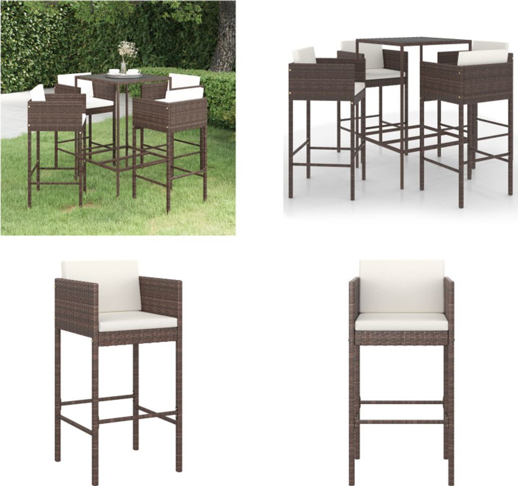 vidaXL 5 tlg. Gartenbar Set mit Kissen Poly Rattan Braun - Garten-Bar-Set - Garten-Bar-Set - Garten-Essgruppe - Garten-Essgruppen