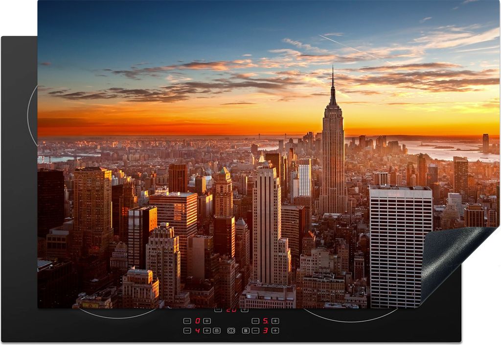 KitchenYeah Herdabdeckplatte Skyline - New York - Sonne , 78x52cm, Küche Deko, Glaskeramikfeld Herdabdeckung, Abdeckplatte fùr Kochfeld