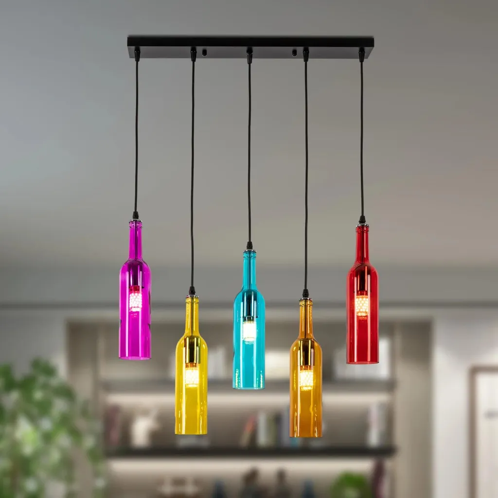 Lampada a sospensione a forma di bottiglia di vino - 5 luci - Regolabile in altezza 150 cm - Attacco E27 - Dimmerabile - Vetro - Senza lampadina - Multicolore - 3