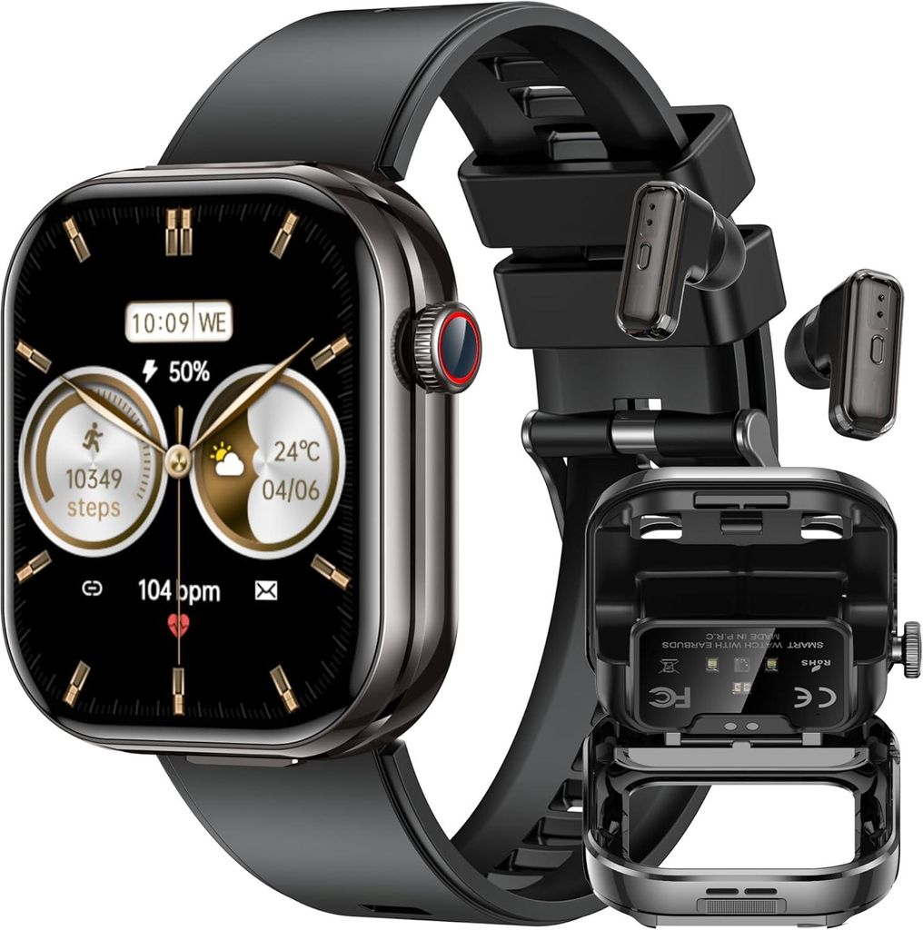Smartwatch Herren Damen mit Bluetooth Kopfhörern: 2,02" HD Touchscreen Smart Watch mit Telefonfunktion Schrittzähler Schlafüberwachung Fitnessuh...